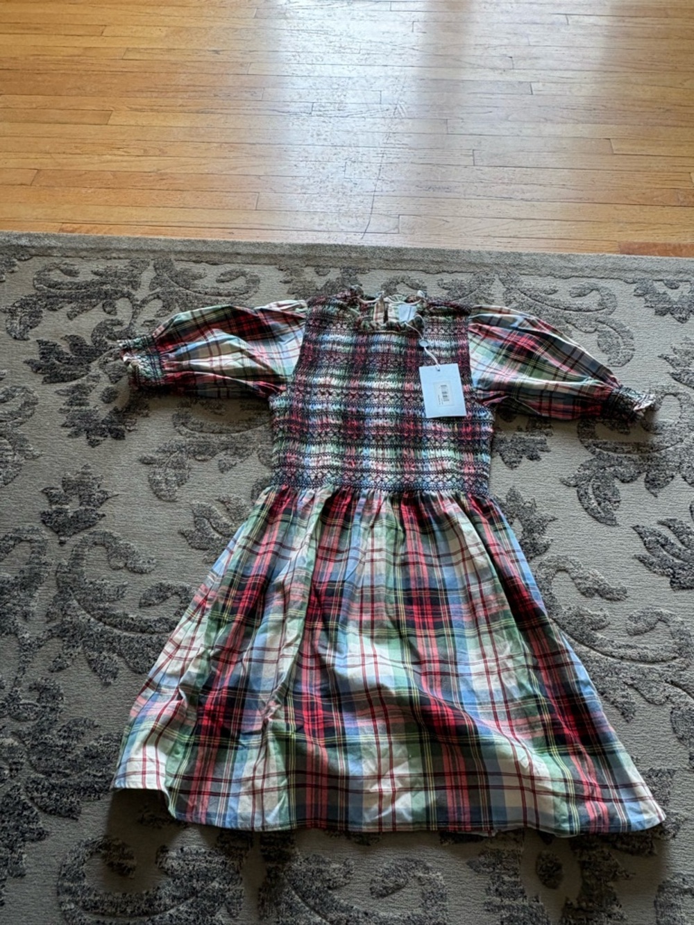Hill House Home Nap Dress S Plaid White Tartan Puff Sleeve Pocket Mini Academia